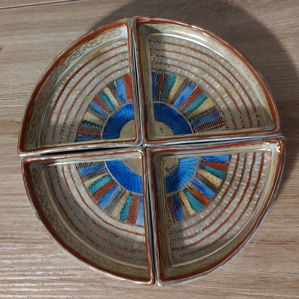 8" In Diameter Japanese Multicolor Trays Vintage Porcelain Gold Blue Burnt Orang